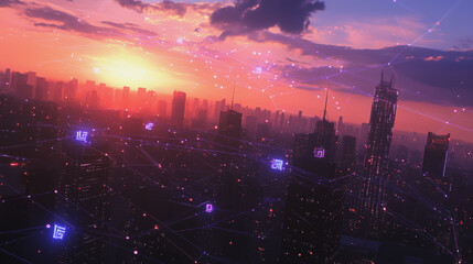 Obraz premium Smart digital Innovation city with connection network reciprocity over the cityscape. of future smart wireless digital city and social media networking systems that connects people with in city