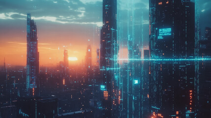 Smart digital Innovation city with connection network reciprocity over the cityscape. of future smart wireless digital city and social media networking systems that connects people with in city