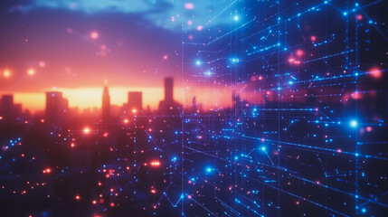 Fototapeta premium Smart digital Innovation city with connection network reciprocity over the cityscape. of future smart wireless digital city and social media networking systems that connects people with in city