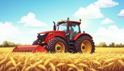 Obraz premium Mechanical Marvel: Contemporary Red Tractor Showcasing Advanced Mechanism In Agriculture Field - Plowing Land And Sowing Wheat With Harvester