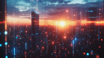 Smart digital Innovation city with connection network reciprocity over the cityscape. of future smart wireless digital city and social media networking systems that connects people with in city