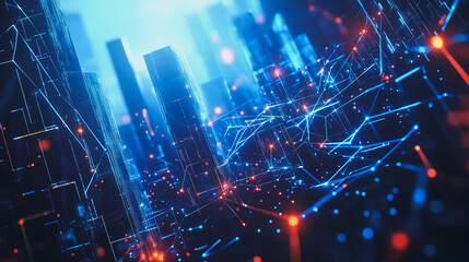 Obraz premium Smart digital Innovation city with connection network reciprocity over the cityscape. of future smart wireless digital city and social media networking systems that connects people with in city