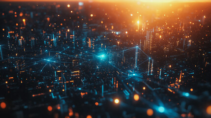 Obraz premium Smart digital Innovation city with connection network reciprocity over the cityscape. of future smart wireless digital city and social media networking systems that connects people with in city