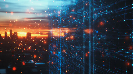 Obraz premium Smart digital Innovation city with connection network reciprocity over the cityscape. of future smart wireless digital city and social media networking systems that connects people with in city