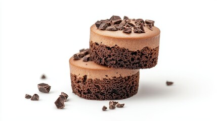Macro shot of two chocolate muffins, emphasizing their crumbly tops and moist texture, placed on a pure white backdrop for a clean look