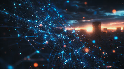 Obraz premium Smart digital Innovation city with connection network reciprocity over the cityscape. of future smart wireless digital city and social media networking systems that connects people with in city