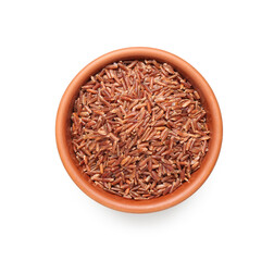 Bowl with brown rice on white background