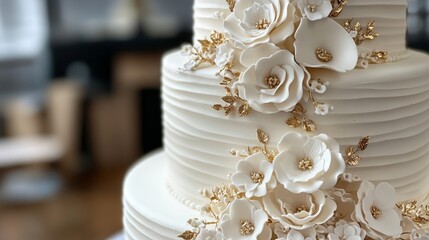 White wedding cake with smooth frosting and sugar flowers