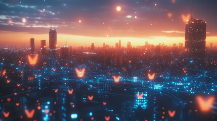 Fototapeta premium Smart digital Innovation city with connection network reciprocity over the cityscape. of future smart wireless digital city and social media networking systems that connects people with in city
