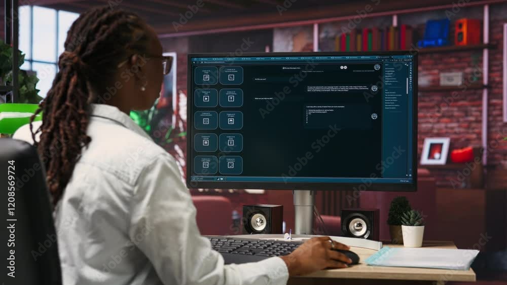Fototapete Woman solving personal tasks with AI LLM chatbot answering prompts using predictive technology. Person using computer in apartment to interact with large language model program, camera B
