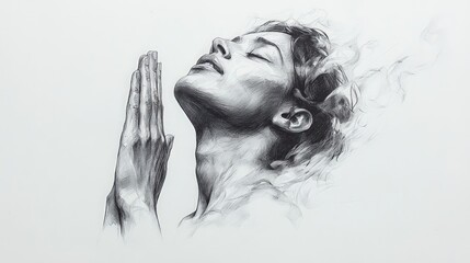 Fototapeta premium Graphite sketch, woman praying, serene, ethereal.