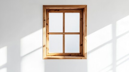 Fototapeta premium A wooden-framed window on a light wall, casting shadows in a bright interior space.