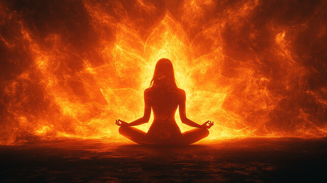A silhouette of a woman in a yoga lotus position with a glowing floral ornate background creating a peaceful, balanced atmosphere with empty space for caption or message

