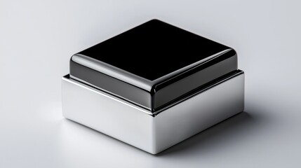 Modern black square chocolate packaging in a glossy finish, its geometric perfection highlighted against a pure white isolated background