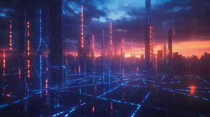 Fototapeta premium Smart digital Innovation city with connection network reciprocity over the cityscape. of future smart wireless digital city and social media networking systems that connects people with in city