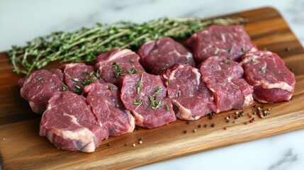 Freshly Cut Premium Beef Steak on a Wooden Cutting Board Surrounded by Fresh Thyme and Spices for Gourmet Cooking and Culinary Presentation