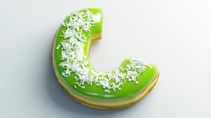 A green donut with coconut flakes on top, showcasing a unique dessert design.