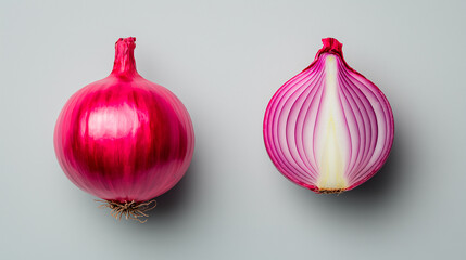 Whole and Halved Red Onion on Gray Background