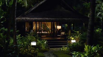 Tropical Bungalow Illuminated At Night Amidst Lush Greenery