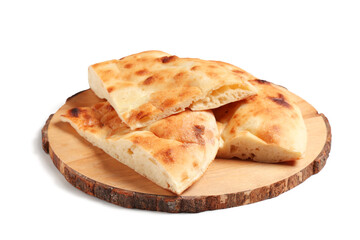 Wooden board with pieces of tasty lavash on white background