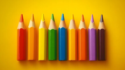 Nine Sharpened Colored Pencils on Yellow Background