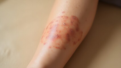 Fototapeta premium Close up of a person's arm with a red skin rash showing inflammation - Awareness of skin conditions - Healthcare and medical publications