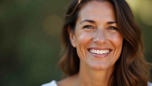 A close up portrait of a smiling mature Latina woman, radiating positivity and warmth, suitable for health, wellness, and beauty campaigns.