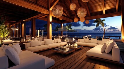 Fototapeta premium Luxurious Beachfront Lounge Overlooking Ocean Sunset
