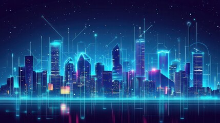 Fototapeta premium Futuristic Cityscape Illuminated by Neon Lights and Digital Networks