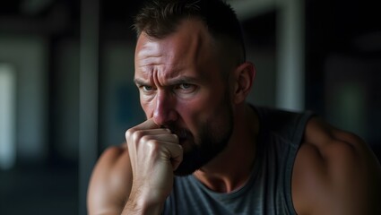 Intense closeup of a muscular man with a furrowed brow, portraying stress and determination - useful for articles, mental health awareness campaigns and fitness related content