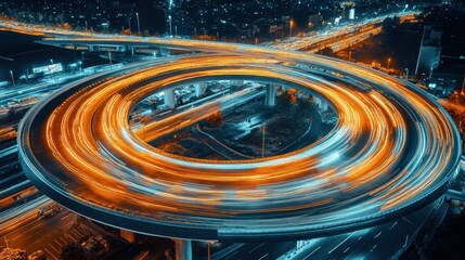 Aerial Night View Of City Highway Interchange With Light Trails