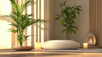 Peaceful indoor meditation space with soft lighting, plants, and cozy seating area designed for relaxation and mindfulness practice in a tranquil environment