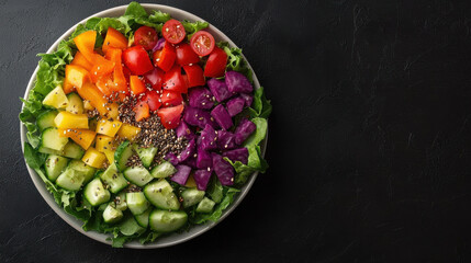 vibrant rainbow salad with fresh vegetables including cucumbers, tomatoes, bell peppers, and purple cabbage dark background