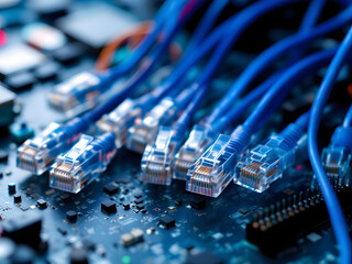 Network, cable, Ethernet, connection, internet, technology, data, transfer, speed, digital, communication, blue, red, lights, glowing, close-up, wires, plug, socket, high-speed, bandwidth, fiber, opti