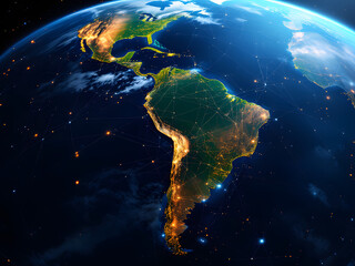 A stunning view of Earth from space, highlighting South America with city lights glowing against the dark cosmos.