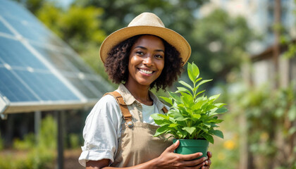 Black woman farmer in urban setting, holding a plant and gesturing toward a solar panel, symbolizing sustainable practices.