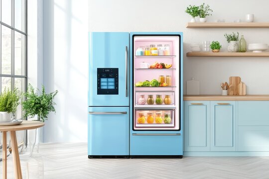 In a contemporary kitchen, there is a fridge equipped with a large display to facilitate internet shopping. Stock
