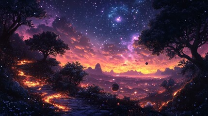 Obraz premium A cosmic spiral galaxy, with bright, radiating arms filled with stars, planets, and cosmic dust particles. 170