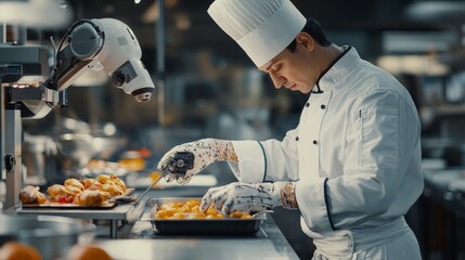 Chef Employs Robot for Meal Preparation in Contemporary Kitchen, To Emphasize the Cutting-Edge Use of Robotics in Food Production and the Upcoming Trends in the Food Sector