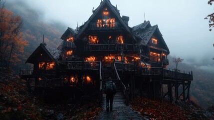 Obraz premium Mysterious mountain lodge, autumn fog, hiker approaching, fantasy setting, ideal for fantasy novel cover
