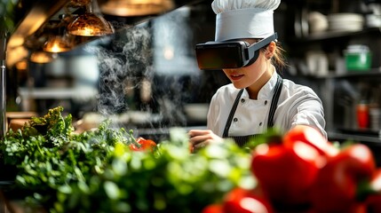 In a restaurant kitchen, a young woman dressed in a white shirt and black apron prepares food while wearing a VR headset.