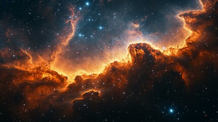 Fototapeta premium A dense nebula with glowing cosmic filaments and dark patches where new stars are being born. 322