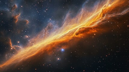 A dense nebula with glowing cosmic filaments and dark patches where new stars are being born. 323