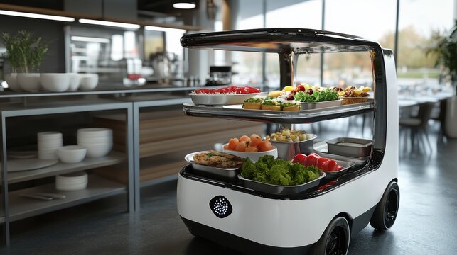 A self-operating robot in the restaurant brings food to guests' tables.