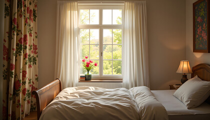 Cozy bedroom with sunlight and blooming flowers in a serene setting