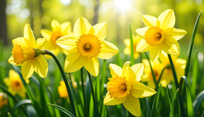 Obraz premium Yellow daffodils blooming in a sunlit green meadow