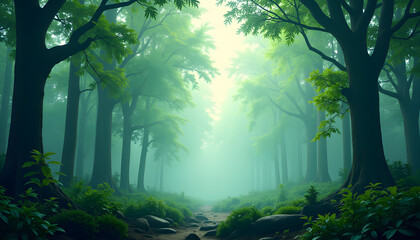 Misty forest landscape with lush green trees