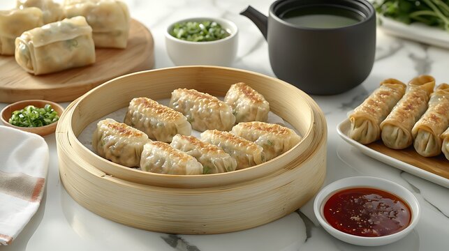 Steamed dumplings, spring rolls, tea, marble table, Asian cuisine food photography