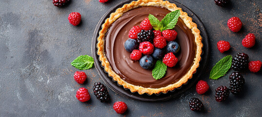 Chocolate tart garnished with fresh raspberries, blueberries, blackberries, and mint leaves on dark background
