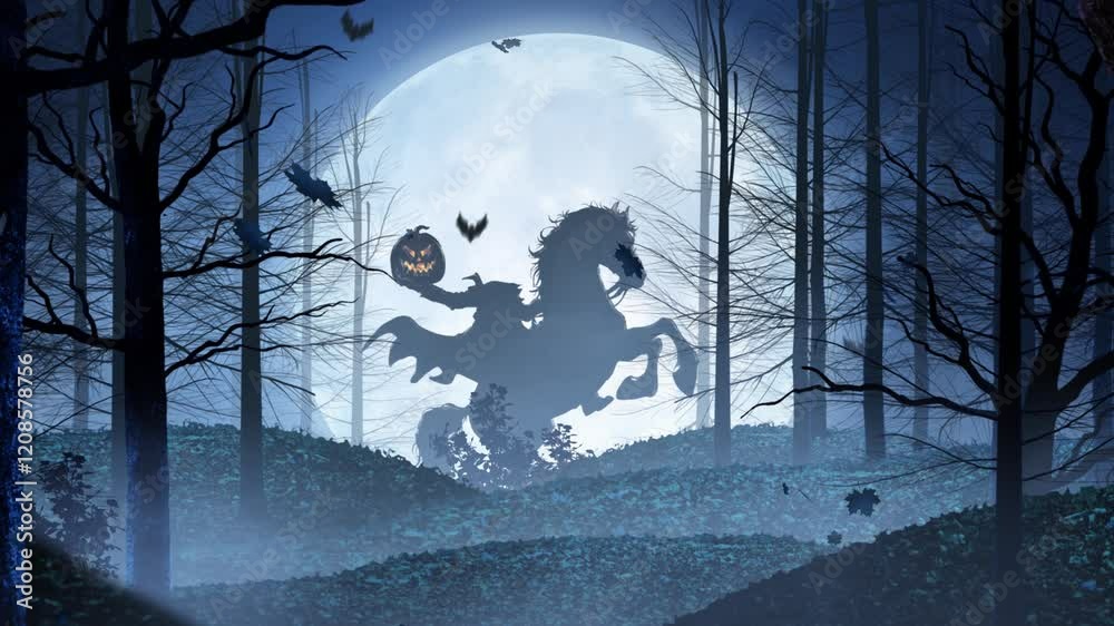 Wall mural headless horseman full moon forest 4k loop features a forest of dead trees with a large full moon in